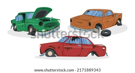 Broken vintage cars vector illustrations set. Collection of cartoon drawings of damaged or abandoned rusty old automobiles with flat tires isolated on white background. Car repair service concept