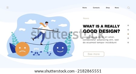 Office worker balancing on rope between good and bad mood. Man controlling emotions flat vector illustration. Mental health, harmony, psychology concept for banner, website design or landing web page