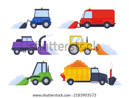 Side view of different snowplows flat vector illustrations set. Collection of flat cartoon drawings of snow plows, trucks or tractors on white background. Machinery or transport, winter concept
