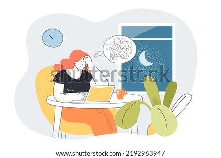 Sleepy tired worker sitting at laptop at night. Busy woman with tangled thoughts working hard overtime flat vector illustration. Stress, deadline concept for banner, website design or landing web