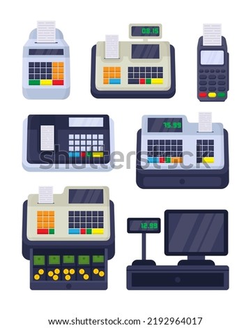 Different cash machines for checkout vector illustrations set. Drawings of POS terminal, fiscal cash register with money, cashier till machine with screen, receipt printers. Equipment, payment