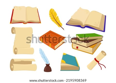 Quills, old books and paper vector illustrations set. Papyrus or parchment scrolls, stack of hard cover books, quill pens with inkwell isolated on white background. Literature, fantasy, poetry