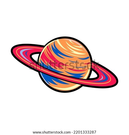 Space flat illustration. Comic Saturn and satellite isolated vector illustration. Logo design and universe concept