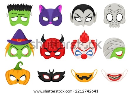 Different Halloween masks for children vector illustrations set. Collection of designs for creepy masks of witch, vampire, mummy, clown isolated on white background. Halloween, holidays concept
