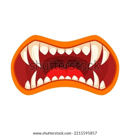 Mouth of monster vector illustration. Goblin, troll or gremlin, tongue and teeth isolated on white background. Fantasy, Halloween, fairy tale concept