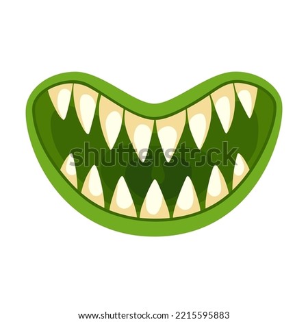 Green monsters mouth with teeth vector illustration. Goblin, troll or gremlin, tongue and teeth isolated on white background. Fantasy, Halloween, fairy tale concept