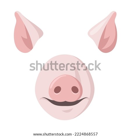 Pig animal mask for mobile application vector illustration. Cartoon bunny, deer, pig, fox, bear and dog face mask with nose and ears on white background. Photo or video chat filter concept