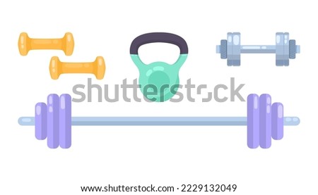 Metal equipment for workout at gym vector illustrations set. Collection of cartoon drawings of barbell and dumbbells isolated on white background. Sports, fitness, healthy lifestyle concept