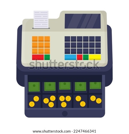 Cash machine for checkout vector illustration. POS terminal, fiscal cash register with money, cashier till machine with screen, receipt printers. Payment concept
