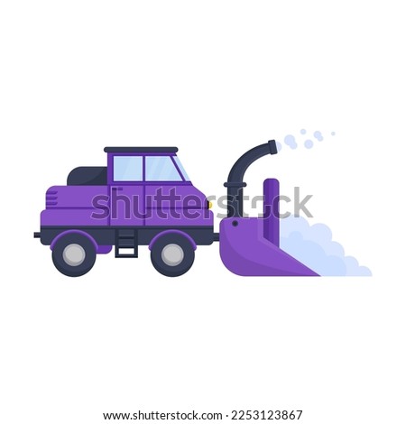 Side view of snowplow flat illustration. Flat cartoon drawing of snow plow, truck or tractor on white background. Machinery or transport, winter concept