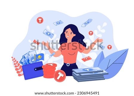 Kazakh tenge falling oh happy woman vector illustration. Cartoon drawing of stacks of coins and packs of banknotes, money or cash falling on girl, Kazakhstan flag in wallet. Finances, wealth concept