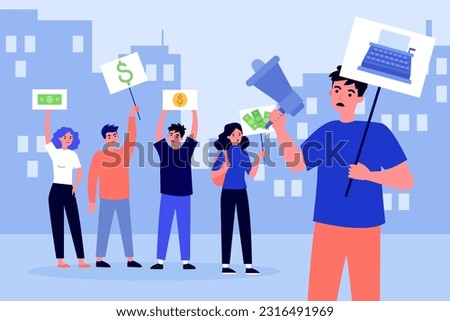 Scriptwriters protesting for fair salary vector illustration. Strike of protesters holding megaphone and banners with money. Strike of scriptwriters and directors, activism concept