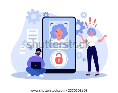 Hacker transferring user data via internet vector illustration. Frustrated woman seeing her account hacked on smartphone screen. Data protection rules breach, cybersecurity concept