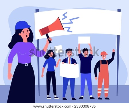 Workers on strike over payment and working conditions. People in uniforms protesting against unfair treatment, professional union vector illustration. Demonstration, labor, workforce concept