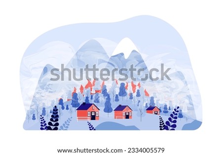 Burning trees in forest hear houses Vector illustration. Drawing of smoke due to forest fire or wildfire, unhealthy air in mountains. Ecology, air pollution, natural disaster, climate change concept
