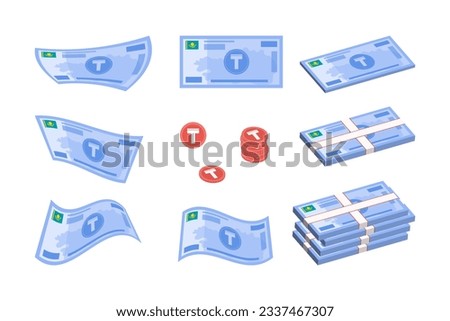 Packs of Kazakh Tenge banknotes vector illustrations set. Pile of coins, bills curving and falling. Financial analytics, financial management, deposit, accumulation and inheritance concept