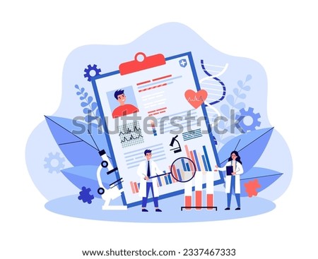 Tiny doctors with diagnostic report vector illustration. Cartoon drawing of medical staff examining graphs, charts, information about patient. medicine, healthcare, diagnosis concept