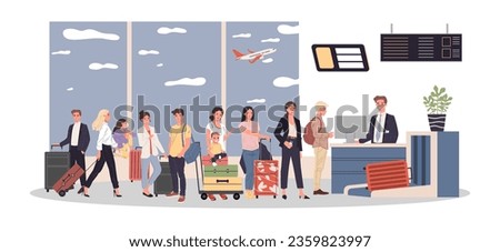 People in queue to check-in counter vector illustration. Passengers with suitcases showing passports and checking in, waiting for flight departure. Flight delay, travel, tourism concept