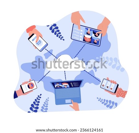 Digital devices connected to cloud vector illustration. Hands holding smartphones, tablets, laptop, communicating online. Global connectivity, social media, digital connection hub concept