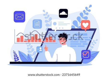 Laptop with support operator on monitor and toolbox vector illustration. Graphs, Like, e-mail, check mark icons on background. Online consultation concept