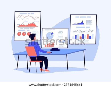 Male analytic analazing flow of data stream vector illustration. Charts, graphs on computer monitor as symbol of data-driven insights. Online consulting, data stream, analytics concept