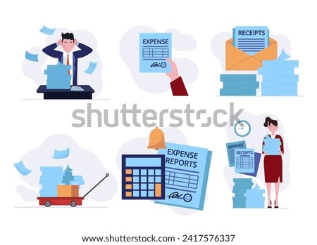 Receipts and expense reports vector illustration set. Businessman with unpaid invoices, female accountant with documents, stack of receipts, calculator and expense form. Bookkeeping, finance concept