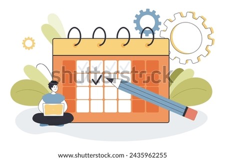 Happy male employee with laptop near huge calendar and pencil marking working days. Short working week. Vector illustration. Four day working week concept