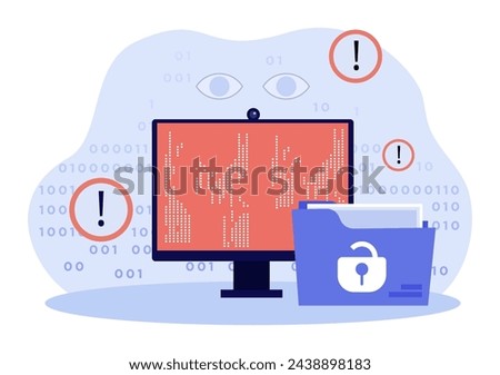 Huge folder with personal data and warning signs. Vector illustration. Computer, folder with open padlock, thiefs eyes on background. Identity theft  due to cyber attack, data security concept
