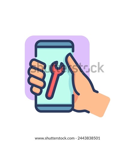 Mobile phone repair service thin line icon. Hand, smartphone, spanner outline sign. Repair and maintenance concept. Vector illustration symbol element for web design and apps