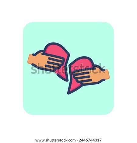 Hands with heart halves thin line icon. Love, romance, repairing outline sign. Friendship and love concept. Vector illustration for web design and apps