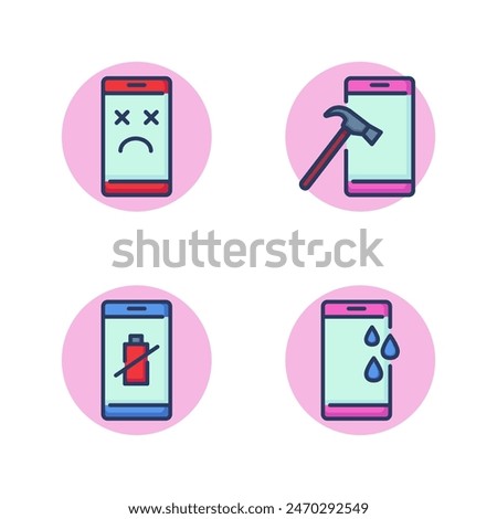 Mobile phone problems line icon set. Dead smartphone, mobile phone repair, no battery, waterproof screen and water drops. Mobile phone repair concept. Vector illustration for web design and apps