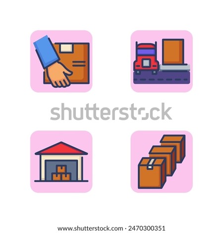 Cargo storage, delivery and transportation line icon set. Document delivery, boxes warehouse, transport truck, row boxes. Shipment goods and shipping concept. Vector illustration for web design apps