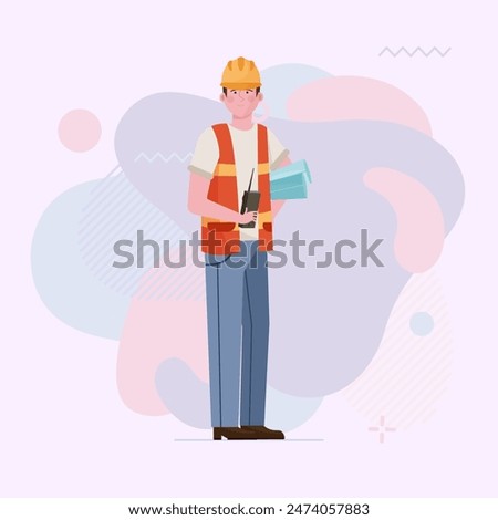 Worker in safety vest and hardhat. Builder with blueprints flat vector illustration. Construction site, building, engineering concept for banner, website design or landing page