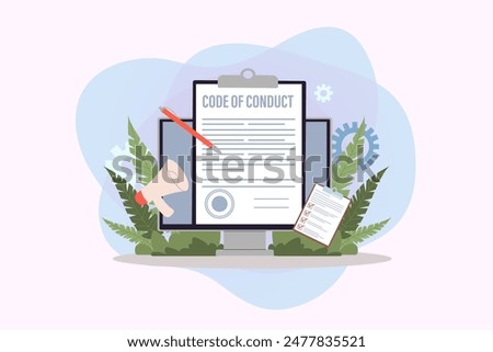 Computer monitor with code of conduct document vector illustration. Pen, megaphone, checklist, company ethical integrity document. Code of business ethics and values concept