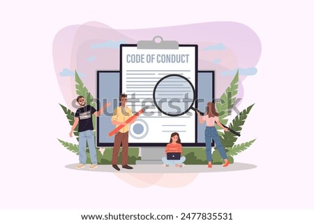 Business people studying code of conduct paper vector illustration. Office people working on company ethical integrity document on laptop screen. Code of business ethics and values