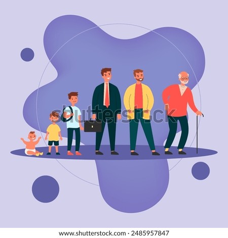 Male cartoon characters of different generation. Man in ages: baby, kid, teenage boy, adult, senior person with cane. Vector illustration for life cycle, growing, development concept