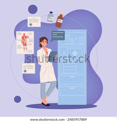 Female pharmacist checking inventory of medicine in pharmacy drugstore. Professional in uniform standing near drugs shelves. Vector illustration for medicine, treatment, healthcare concept