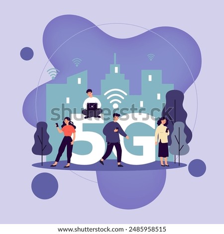 Young citizens using digital gadgets. Laptops and cellphones users using 5G high speed wireless internet connection. Vector illustration for interaction, telecom, wi-fi, smart city concept