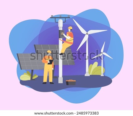 Team of electricians with wind turbines and solar panels. Installation or repair of electric utility poles flat vector illustration. Maintenance service, electricity, renewable energy concept