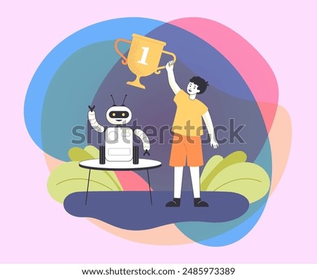 Happy young winner of school robotics competition. Kid holding award, robot or electronic toy on table flat vector illustration. Modern robots, education, programming concept for banner, landing page