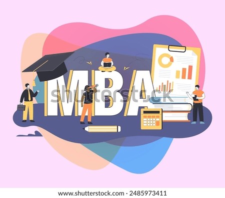 Tiny business school graduates with MBA symbol. Academic system, master of business administration, people learning about management flat vector illustration. Education concept for banner