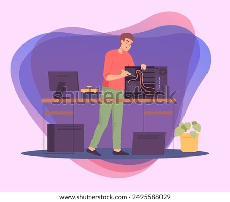 Cartoon engineer repairing computer system unit. Technician fixing PC hardware flat vector illustration. Repair service, technology concept for banner, website design or landing page