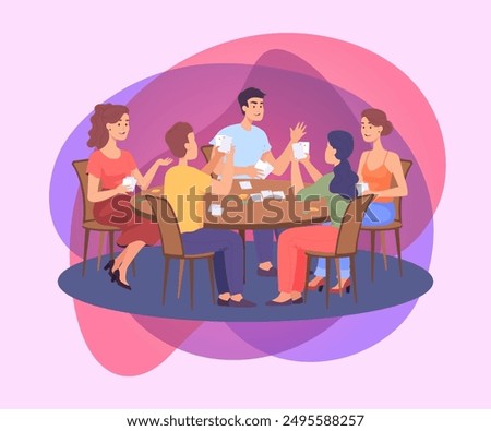 Group of friends playing card game at table. Cartoon people playing poker at home flat vector illustration. Board games, leisure concept for banner, website design or landing page