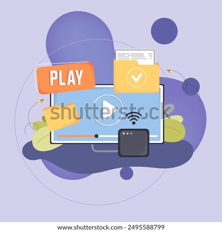 Using smart TV for playing video or checking documents. TV set, wi-fi connection, folders with documents, play button flat vector illustration. Entertainment, modern technology concept