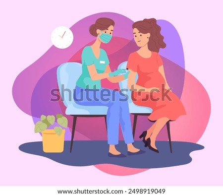 Pregnant woman getting vaccine booster. Nurse in mask giving shot or jab to pregnant girl flat vector illustration. Pregnancy, coronavirus, vaccination concept for banner or landing page