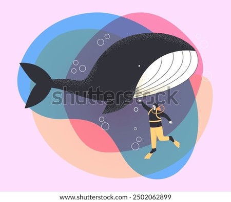 Scuba diver swimming with giant whale. Aquatic adventure of tiny man at ocean or sea bottom with marine animals flat vector illustration. Wildlife, ecosystem, aquarium concept