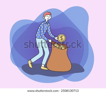 Young man collecting money in sack flat vector illustration. Male cartoon character getting revenue from financial investment. Financial wealth and prosperity concept