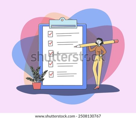 Woman ticking off tasks on checklist flat vector illustration. Businesswoman holding pencil and making notes and marks on paper document form in clipboard. Business, office and achievement concept