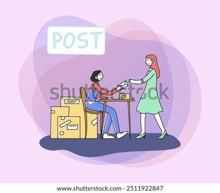 Post office worker serving customer flat vector illustration. Postwoman giving  letter to girl. Delivery department, post office, logistic, occupation concept.