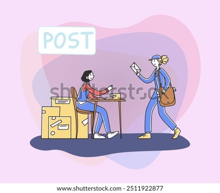 Post office workers working flat vector illustration. Female courier giving letter to postwoman, delivering letters. Delivery department, post office, occupation concept.